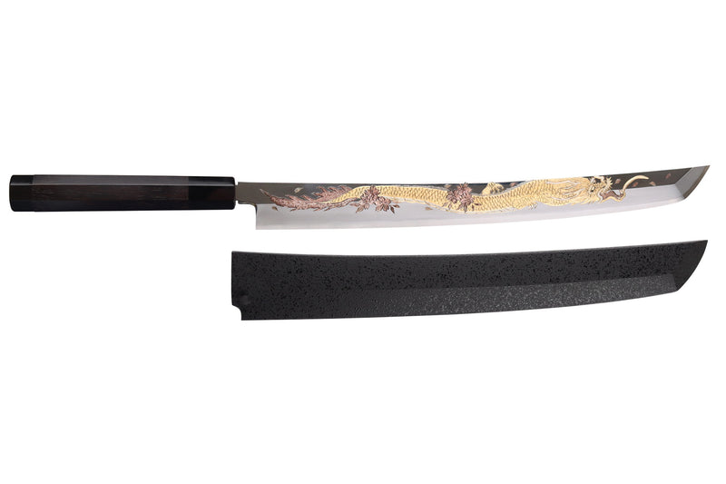 Couteau sakimaru takohiki 39cm japonais artisanal Sakai Takayuki Zangetsu Shogyō Mujō + saya