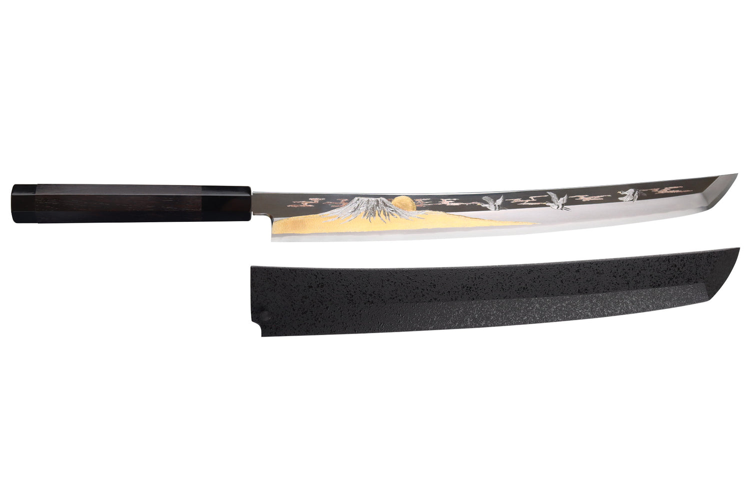 Couteau sakimaru takohiki 39cm japonais artisanal Sakai Takayuki Zangetsu Mont Fuji et Grues + saya