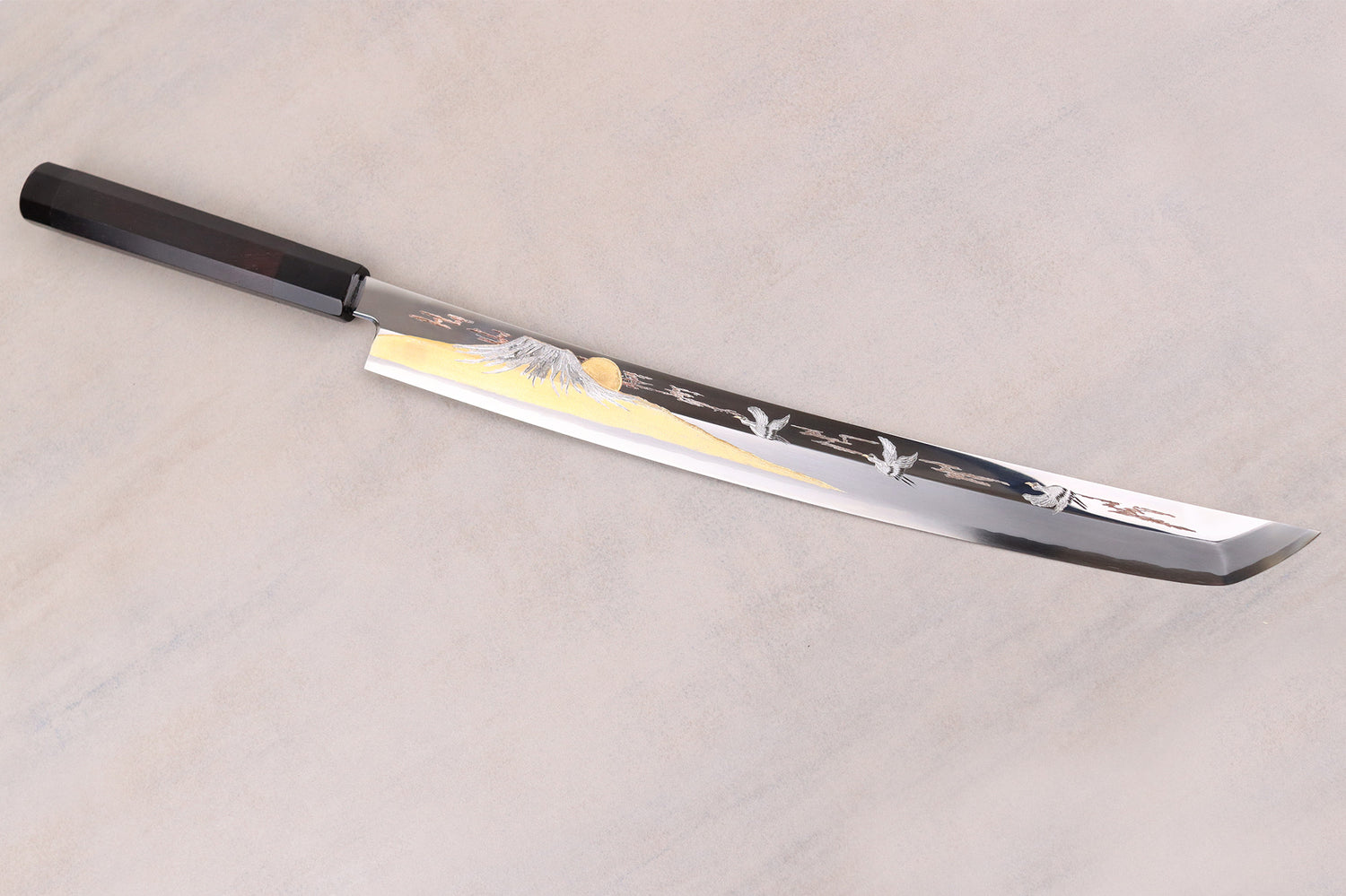 Couteau sakimaru takohiki 39cm japonais artisanal Sakai Takayuki Zangetsu Mont Fuji et Grues + saya