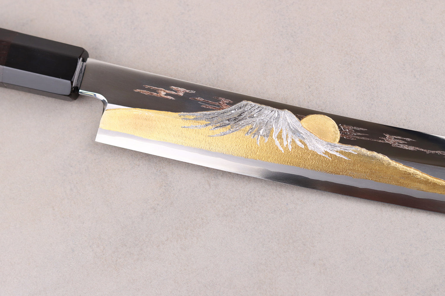 Couteau sakimaru takohiki 39cm japonais artisanal Sakai Takayuki Zangetsu Mont Fuji et Grues + saya