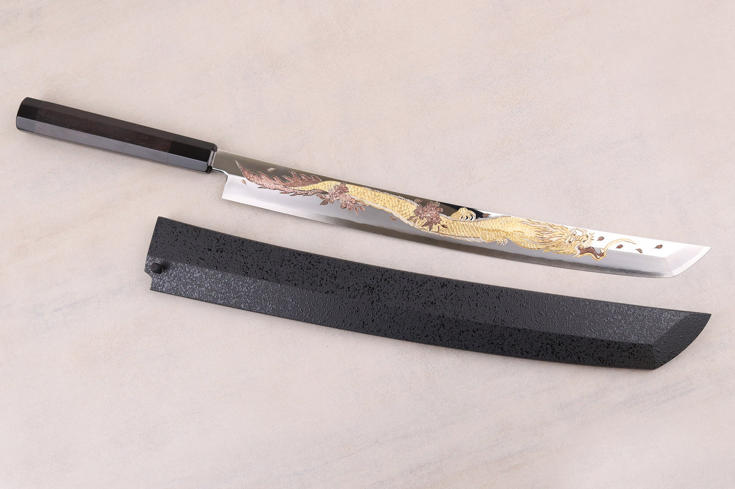 Couteau sakimaru takohiki 39cm japonais artisanal Sakai Takayuki Zangetsu Shogyō Mujō + saya